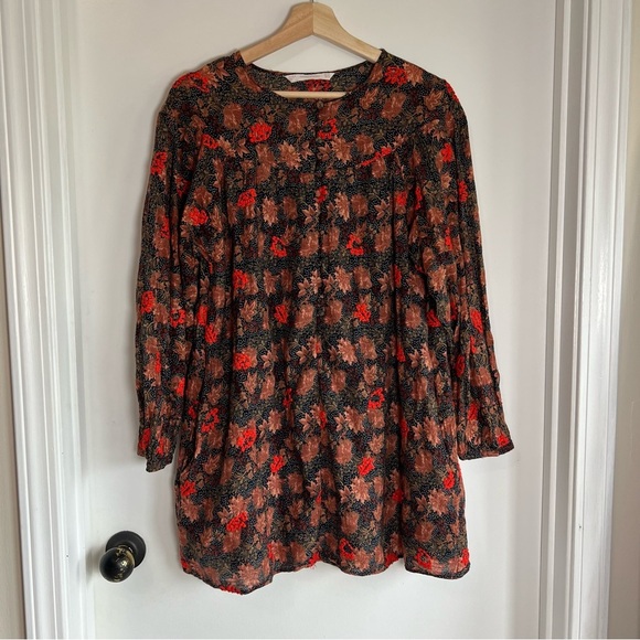 Zara Black Polka Dot Brown Floral Long Sleeve Mini Dress Embroidered, Size XS - Picture 2 of 9
